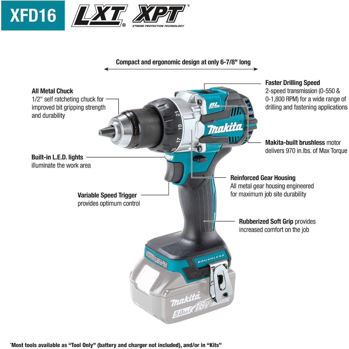 Taladro-Atornillador Inalámbrico Makita XFD16 18V 1/2" Sin Escobillas