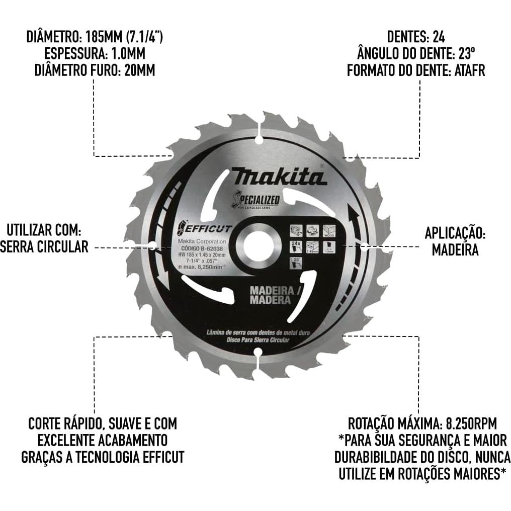 Hoja de sierra circular Makita B-61656 7-1/4" 24T Carburo