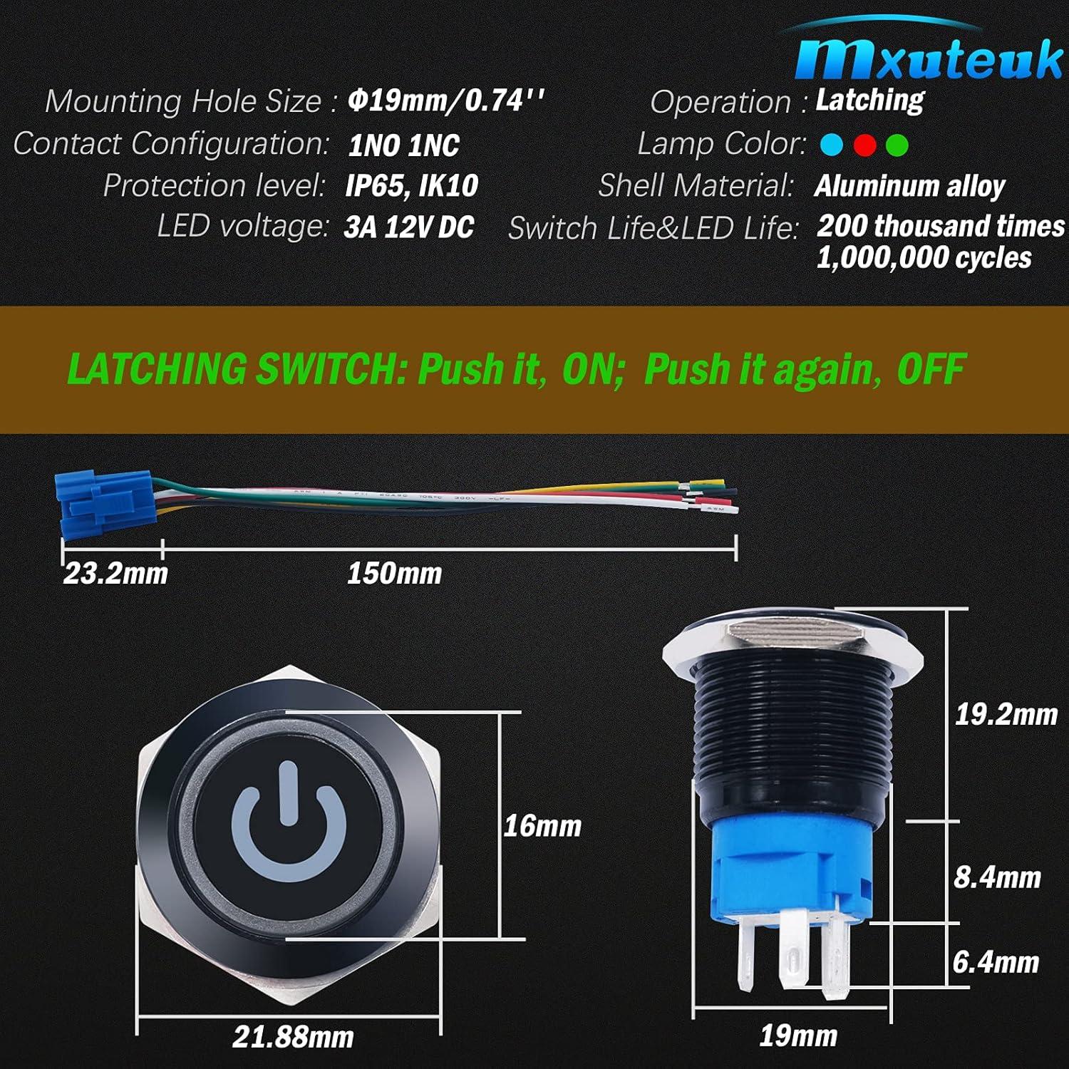 Interruptor a Prueba de Agua 12V mxuteuk 19mm ON/OFF Luz Azul