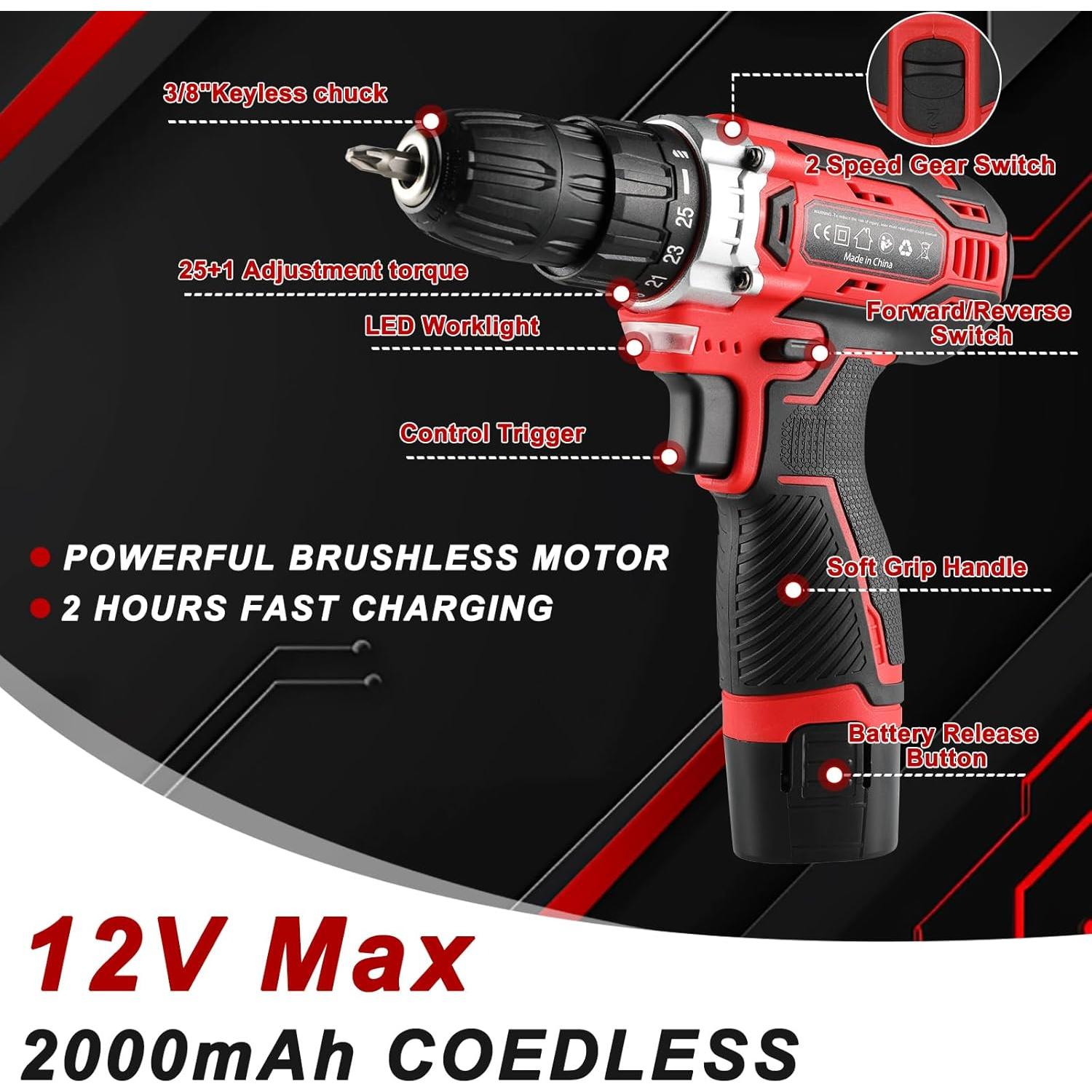 Kit de Herramientas TLGREEN 12V con Taladro Inalámbrico y Brocas