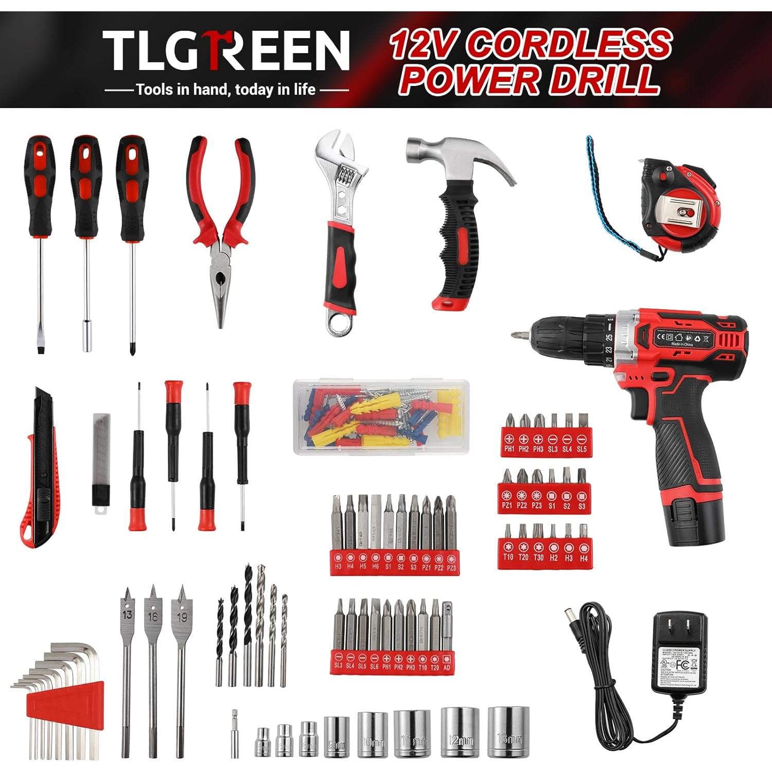 Kit de Herramientas TLGREEN 12V con Taladro Inalámbrico y Brocas