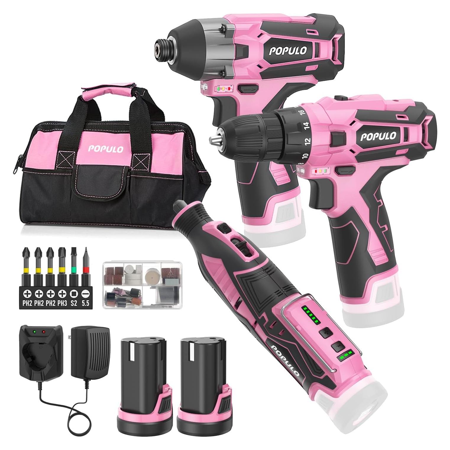 Combo de Herramientas Eléctricas Rosadas POPULO 12V - Taladro, Destornillador y Kit