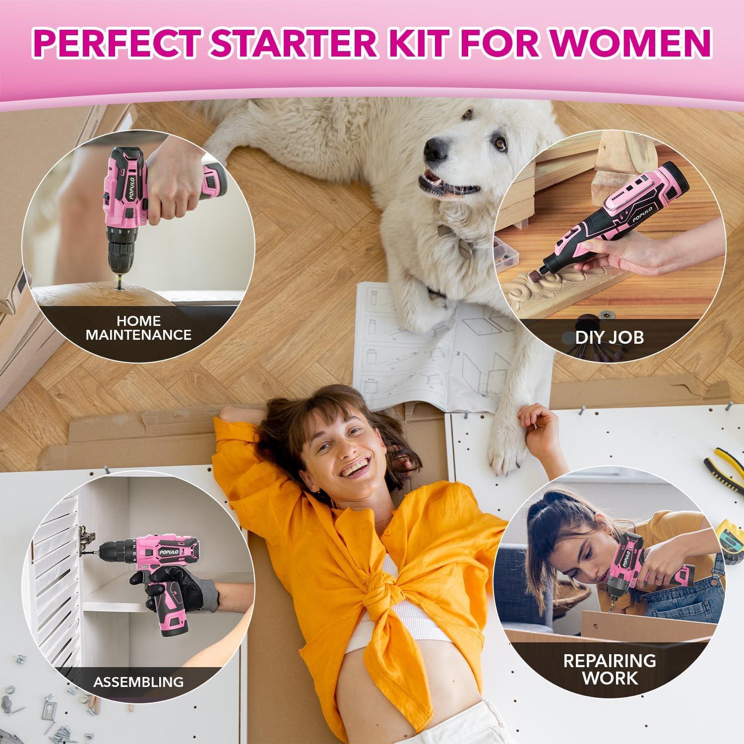 Combo de Herramientas Eléctricas Rosadas POPULO 12V - Taladro, Destornillador y Kit