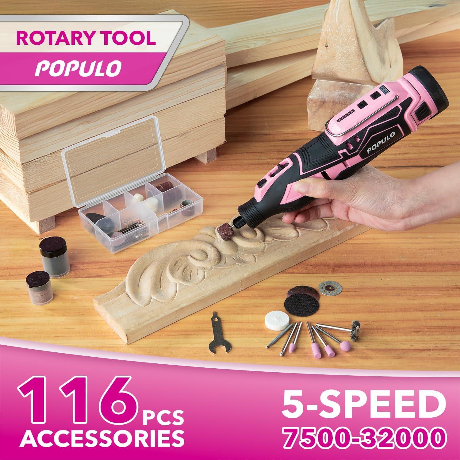 Combo de Herramientas Eléctricas Rosadas POPULO 12V - Taladro, Destornillador y Kit