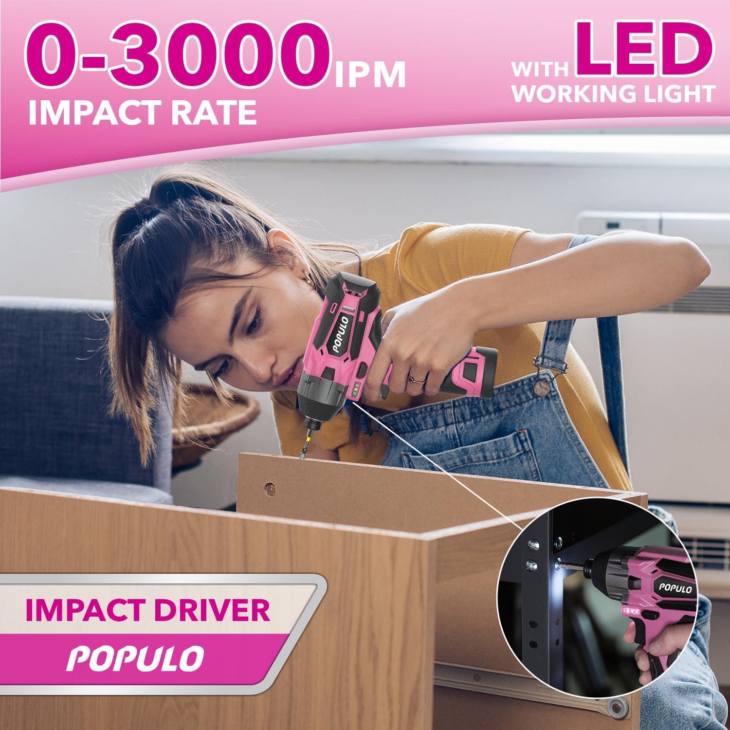 Combo de Herramientas Eléctricas Rosadas POPULO 12V - Taladro, Destornillador y Kit