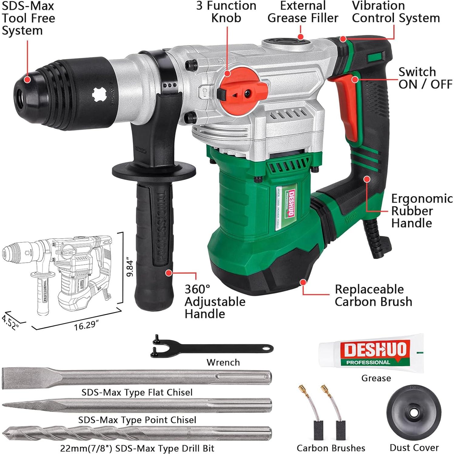 Martillo Rotativo SDS-Max DESHUO 1500W 3 Modos 6.09kg