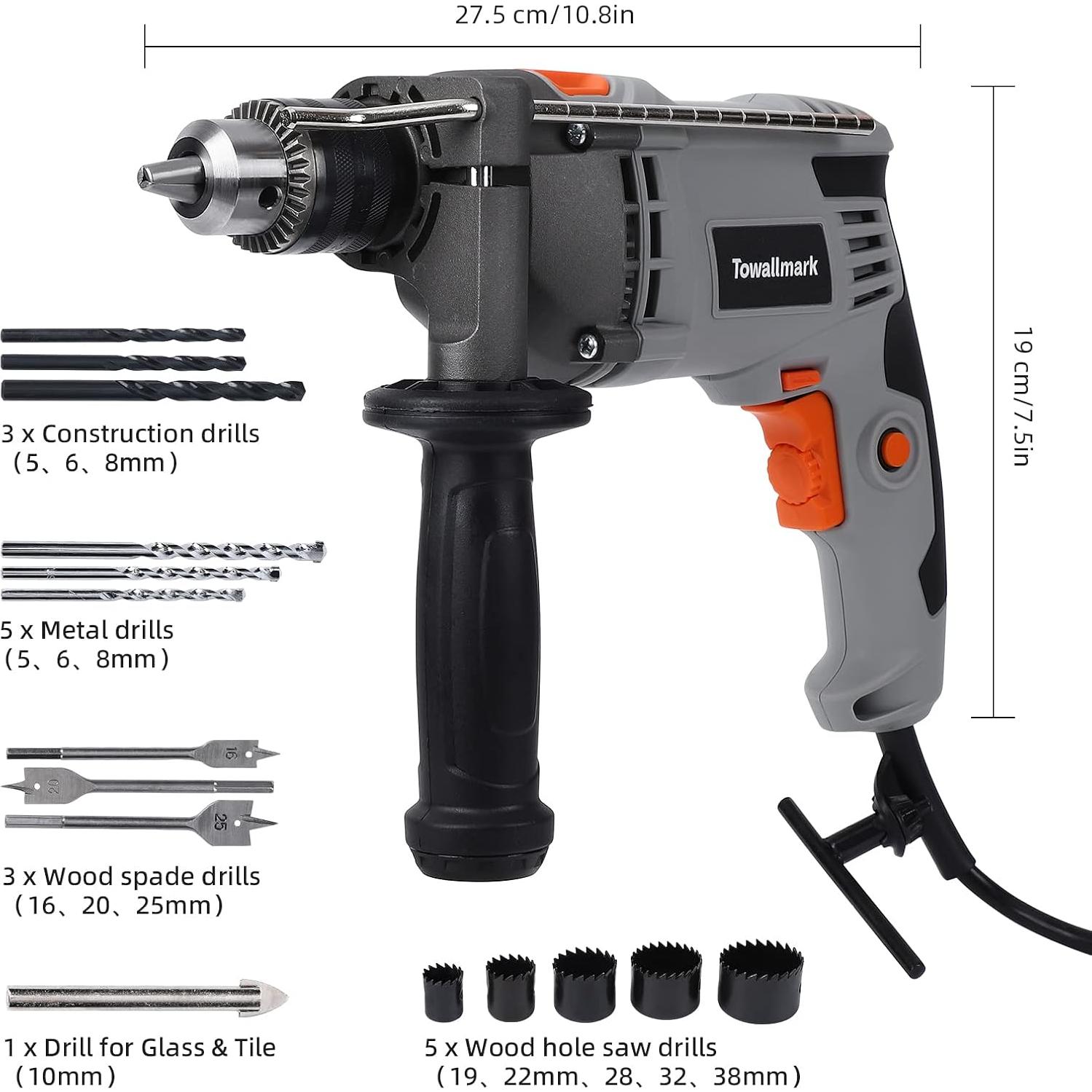 Taladro de Percusión Towallmark HD01 7.5A 3000RPM con Brocas