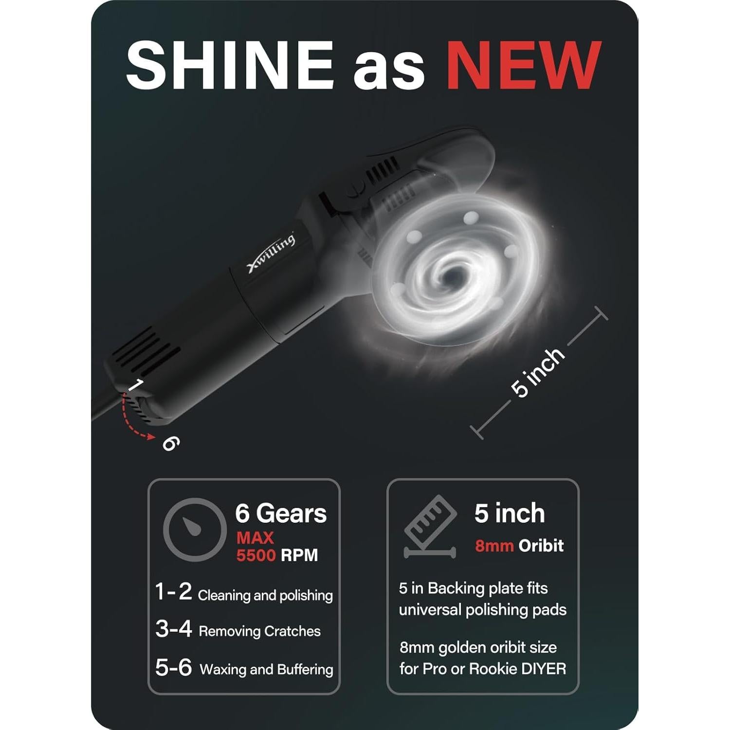 Pulidor Orbital Aleatorio XWILLING 5" 800W 6 Velocidades