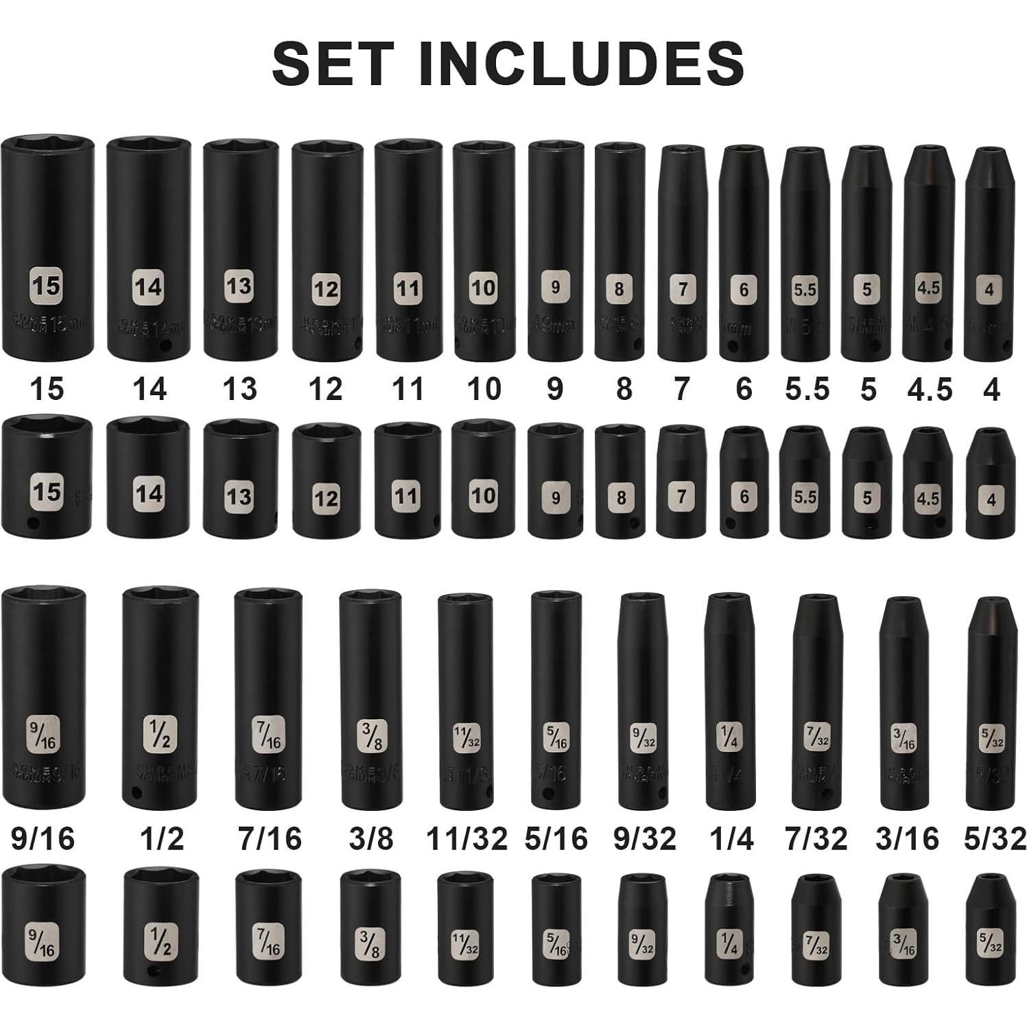 Juego de Enchufes de Impacto Mayouko 50PCS 1/4" Metrico/SAE