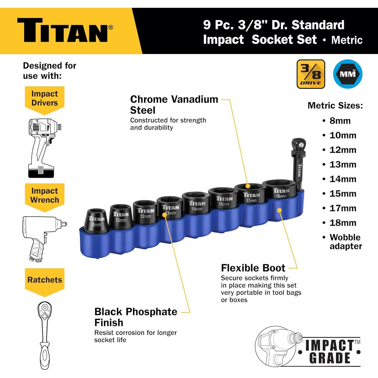 Juego de 9 Piezas de Accesorios de Impacto Titan 48201 8-18mm