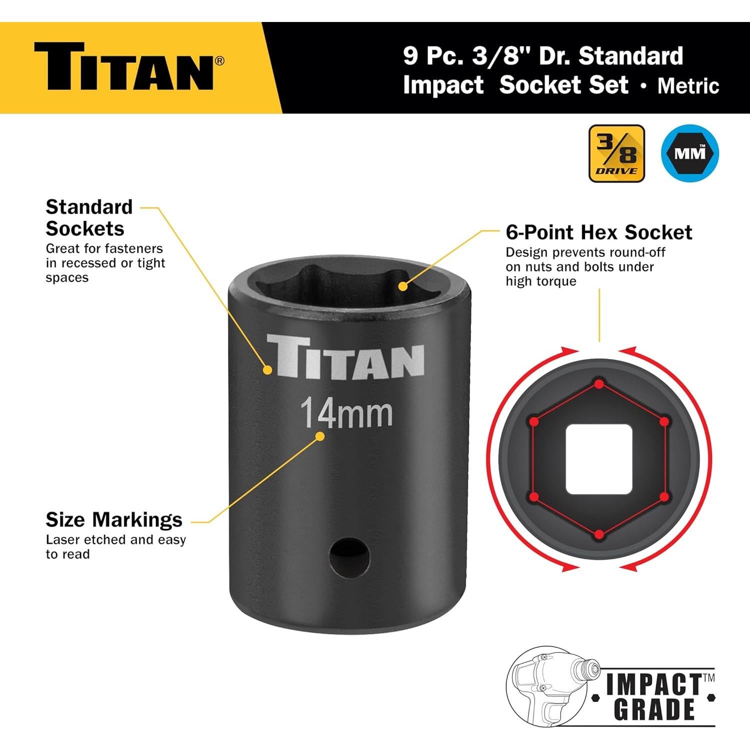 Juego de 9 Piezas de Accesorios de Impacto Titan 48201 8-18mm