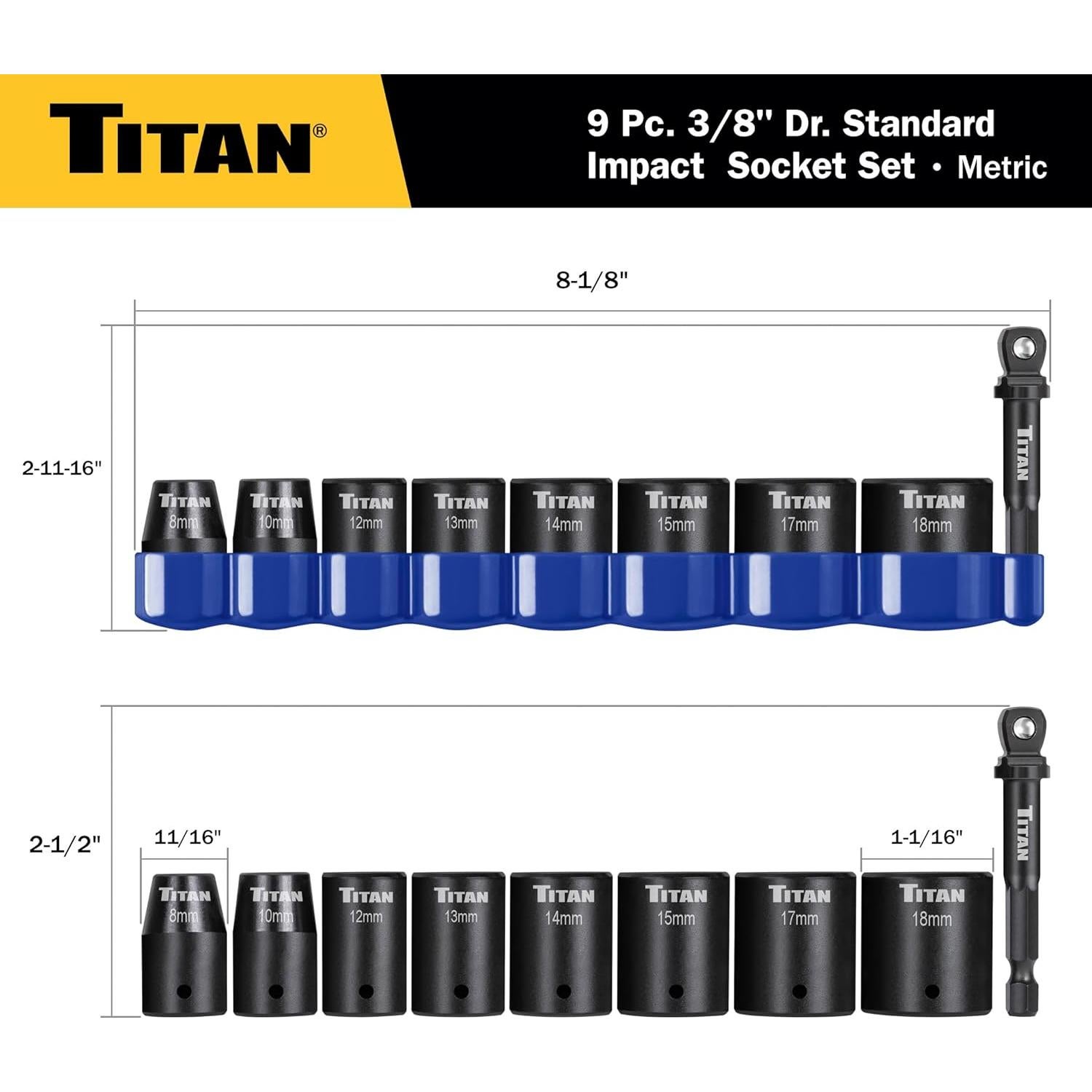 Juego de 9 Piezas de Accesorios de Impacto Titan 48201 8-18mm