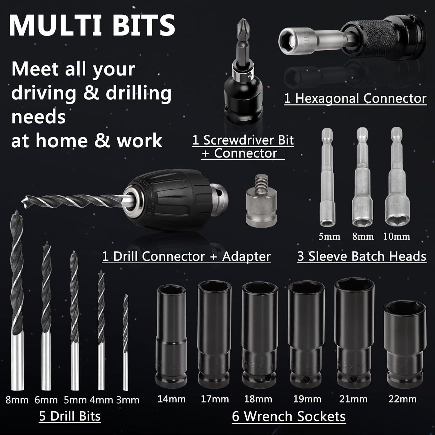 Llave de impacto inalámbrica Drytuns 18V 1500Nm 4 en 1