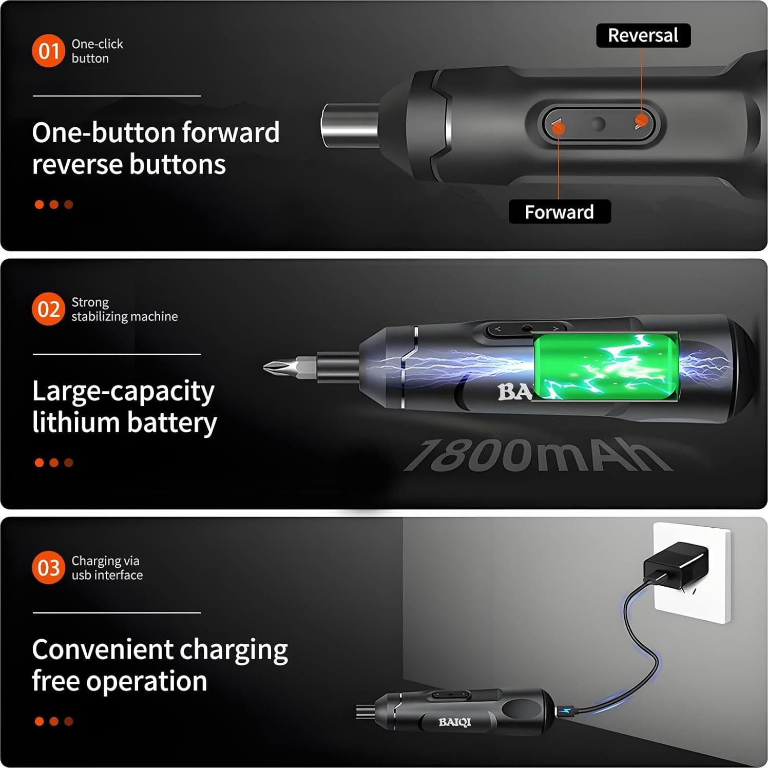 Destornillador Eléctrico Mini BAIQI 3.7V Recargable USB-C 20 Bits