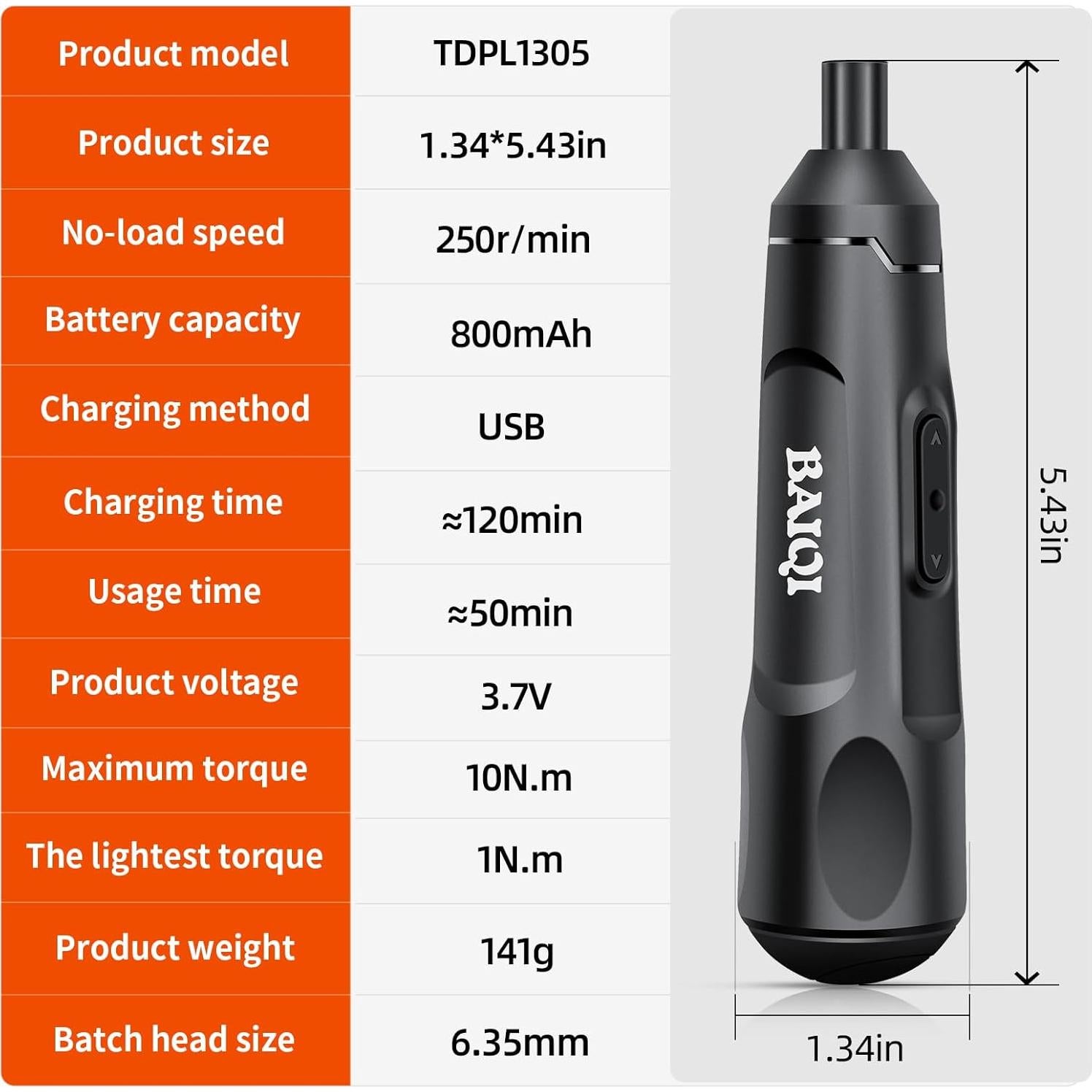 Destornillador Eléctrico Mini BAIQI 3.7V Recargable USB-C 20 Bits