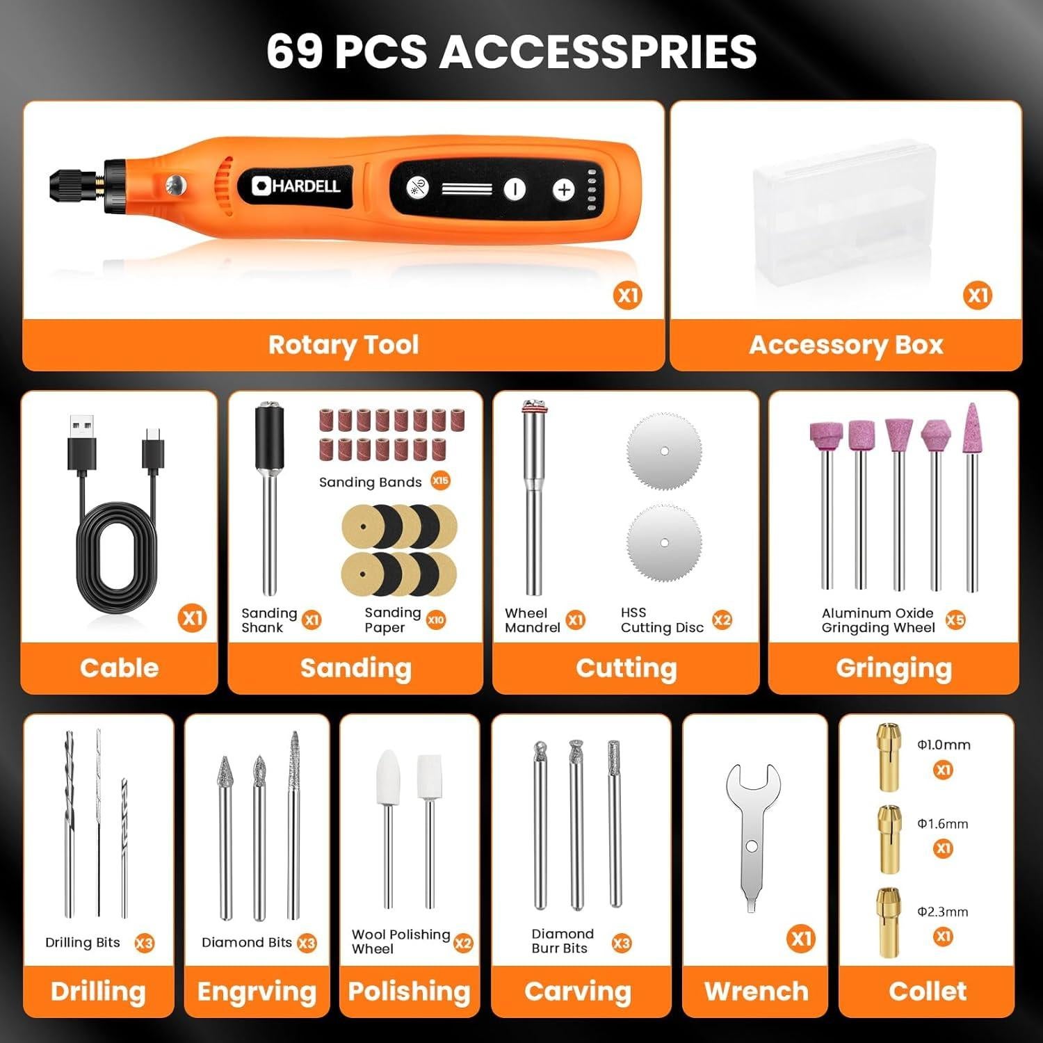 Herramienta Rotativa Inalámbrica HARDELL 4V 69 Piezas 2000mAh