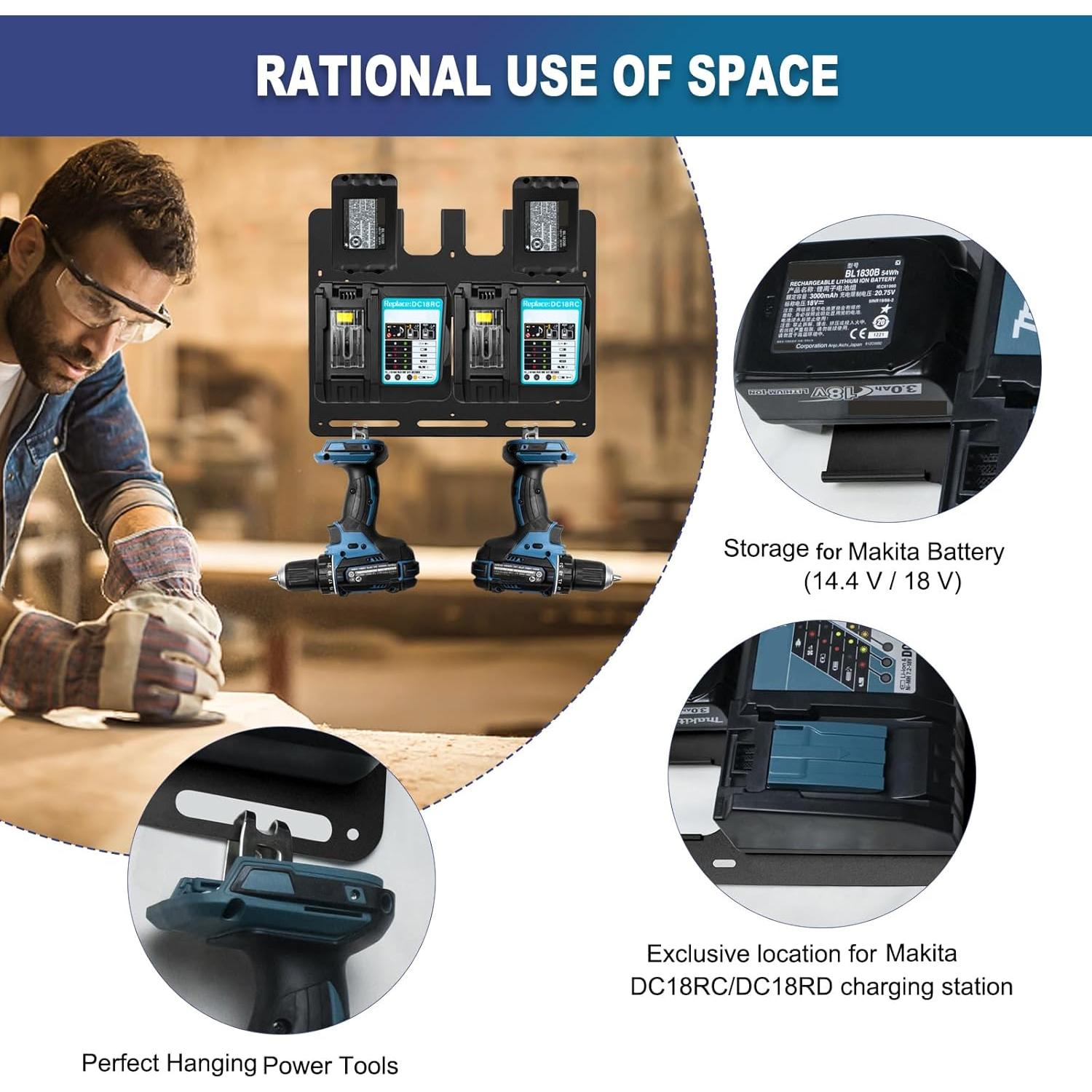 Soporte de Pared Riuog para Baterías y Cargadores Makita 18V