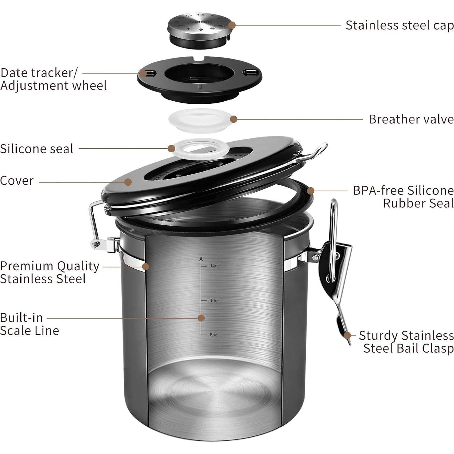 Contenedor de Café Veken 0.45 kg Acero Inoxidable Hermético Gris