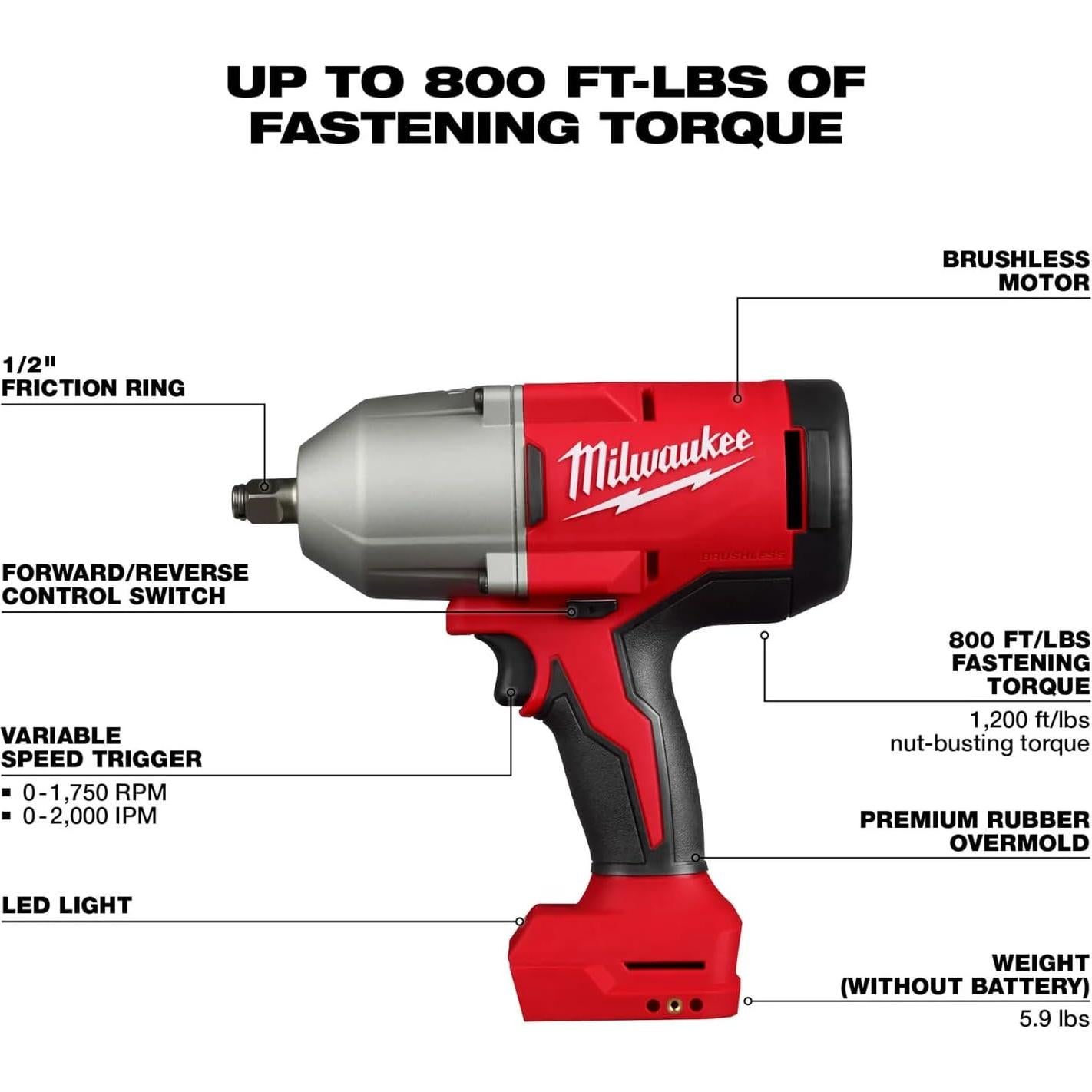 Llave de Impacto Eléctrica Milwaukee 2666-20 1/2" Alto Torque