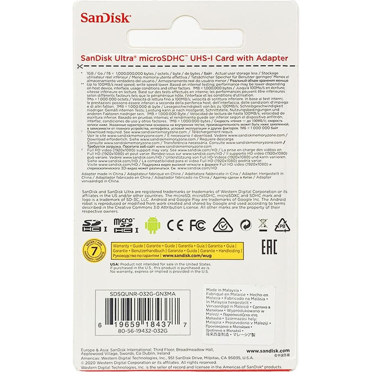 Tarjeta microSDHC SanDisk Ultra 32GB con Adaptador SD