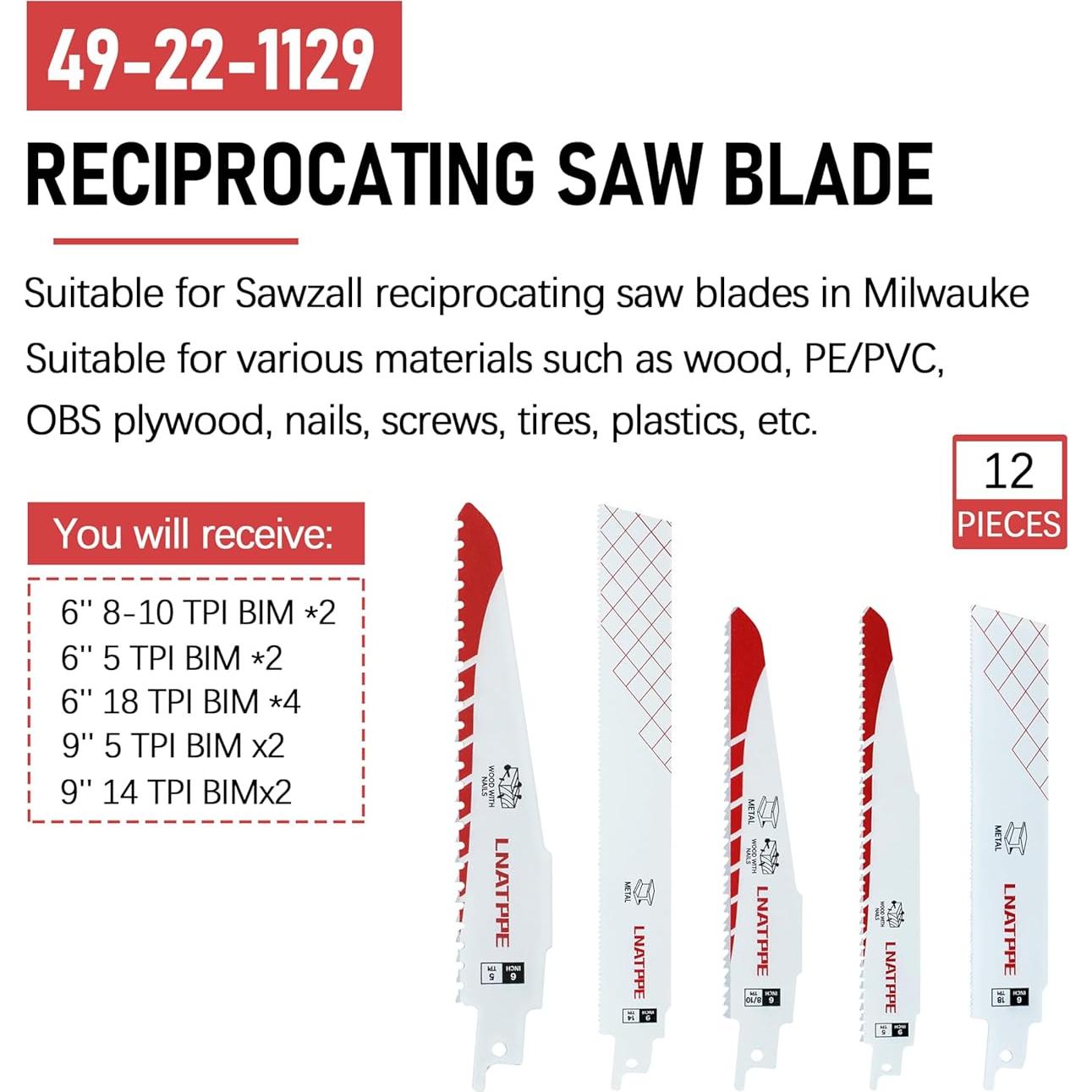 Juego de 12 Hojas de Sierra Recíproca Milwauke 49-22-1129