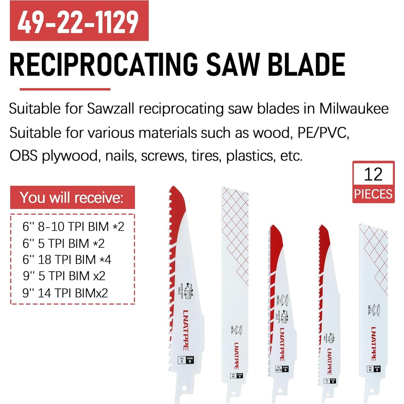 Juego de 12 Hojas de Sierra Recíproca Milwauke 49-22-1129