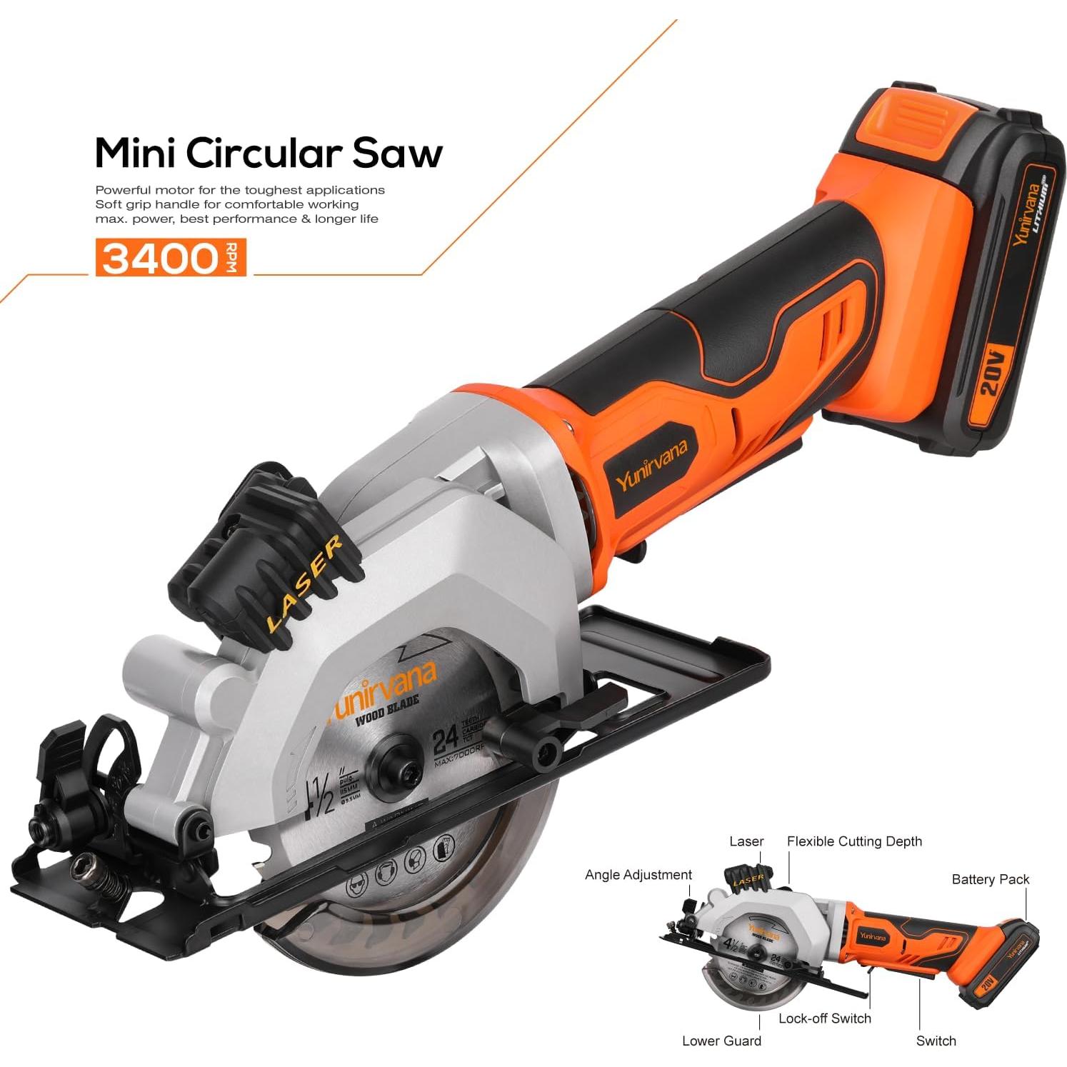 Sierra Circular Inalámbrica Yunirvana 20V 3400RPM 11.43cm