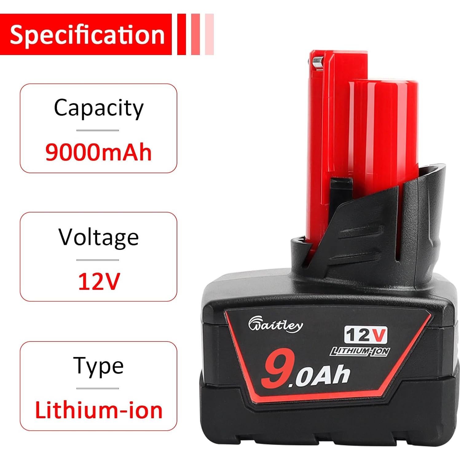 Batería de Reemplazo Waitley 12V 9Ah para Herramientas Milwaukee