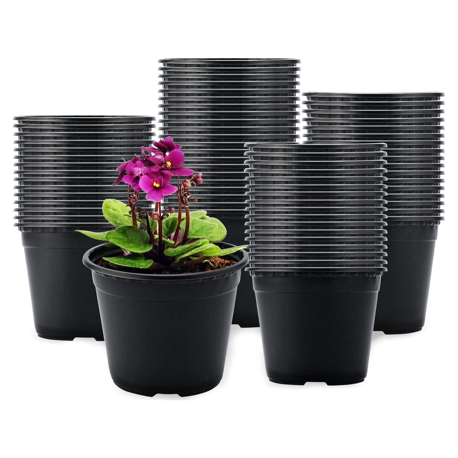 100 Macetas de Plástico Negras KINGLAKE 10.16 cm con Drenaje