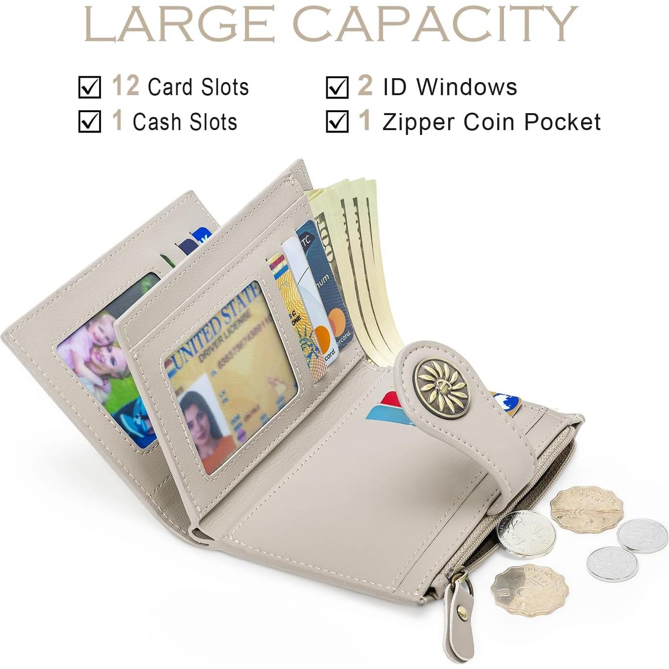 Cartera Pequeña Mujer Cuero Tipmile Bifold RFID Beige