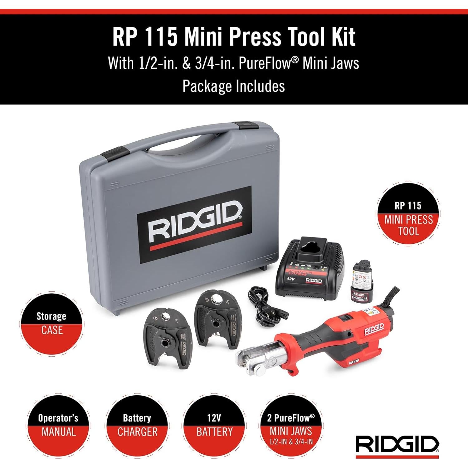 Kit de Herramienta de Prensa Mini RIDGID RP 115 con Mandíbulas 12-20 mm