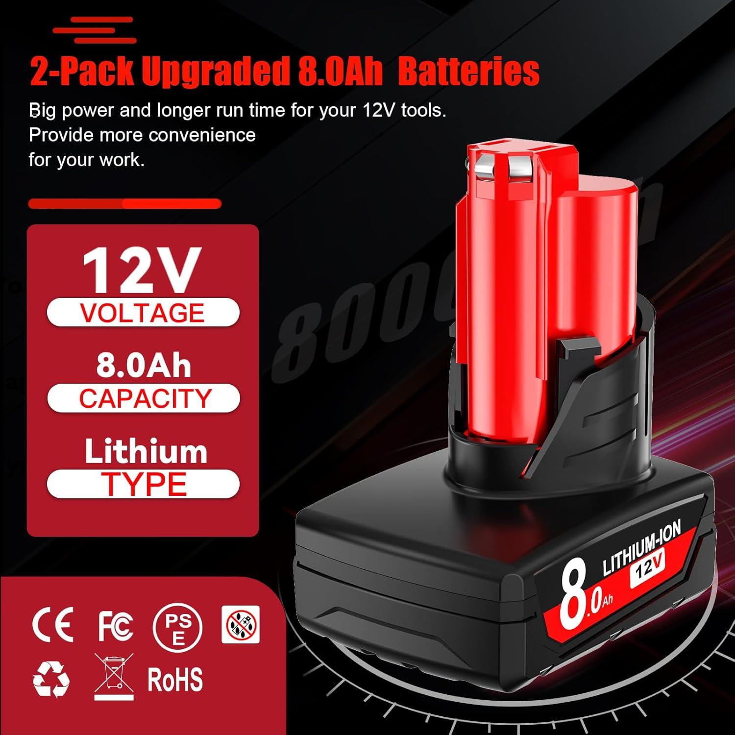 Paquete de 2 Baterías de 8000mAh 12V para Milwaukee M12