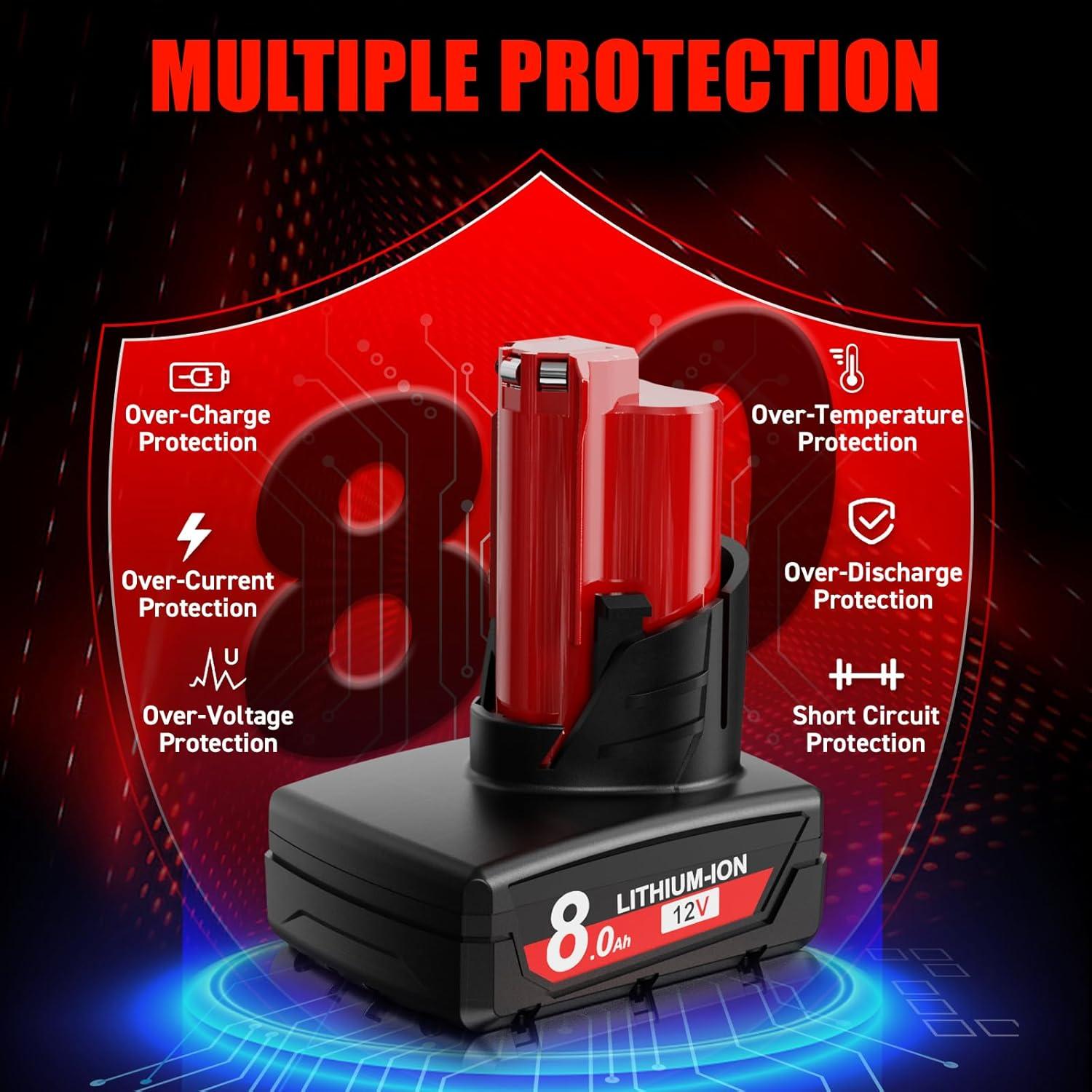 Paquete de 2 Baterías de 8000mAh 12V para Milwaukee M12