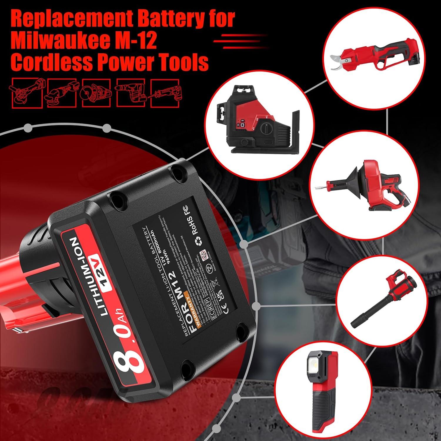 Paquete de 2 Baterías de 8000mAh 12V para Milwaukee M12