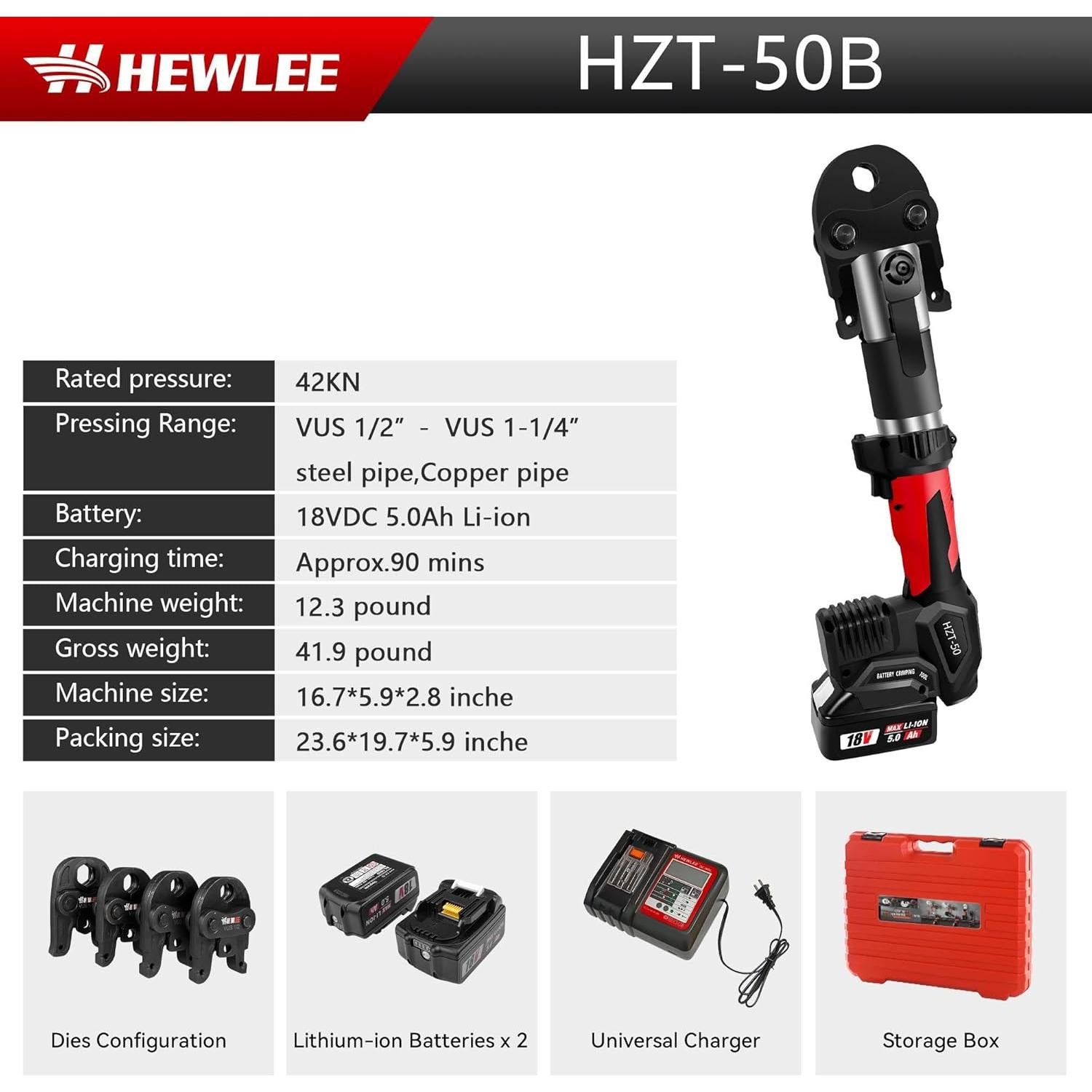 Crimpadora de Cobre HHEWLEE HZT-50B 4 Mandíbulas 42KN