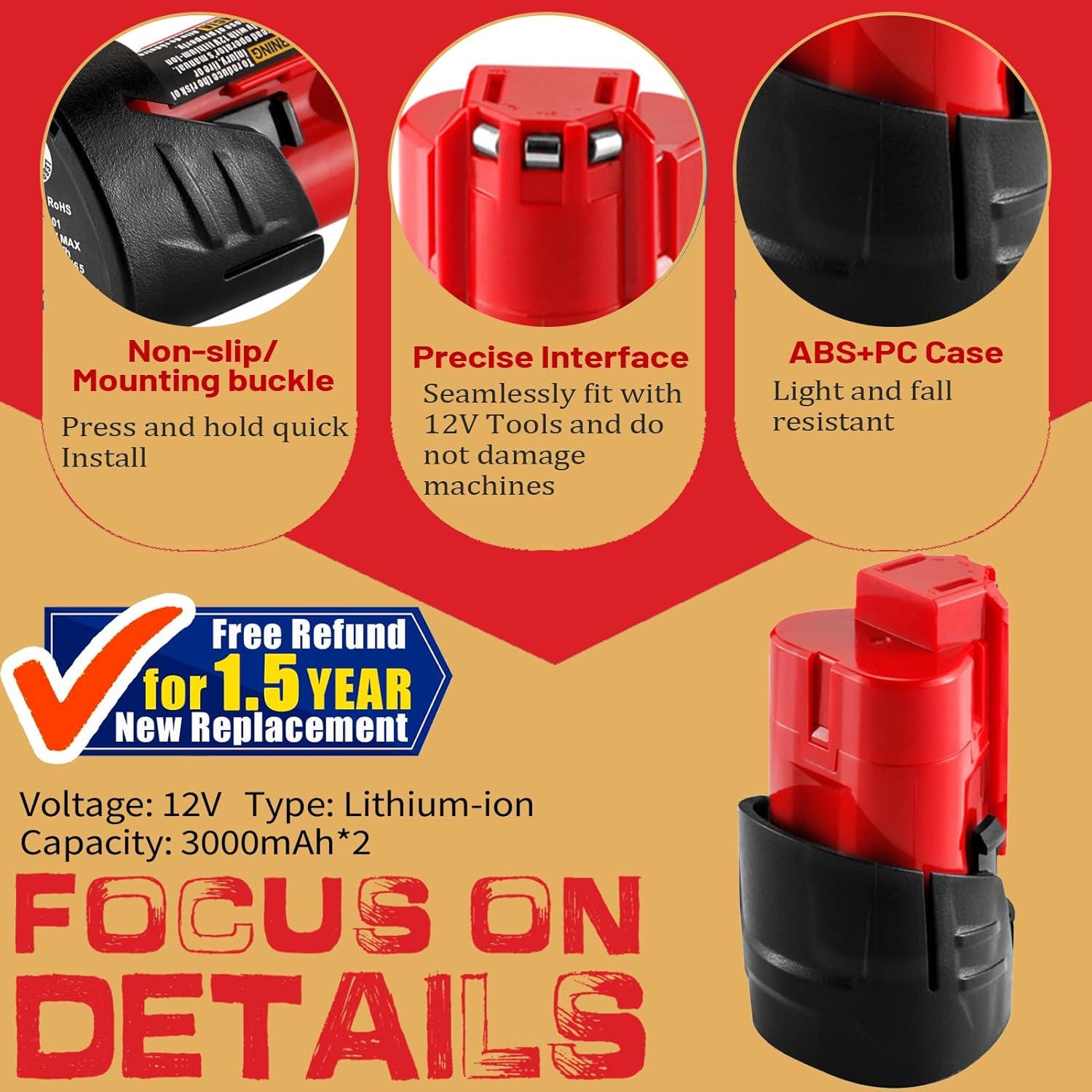 Paquete de 2 Baterías de Reemplazo 3.0Ah TenHutt para Milwaukee M12 12V