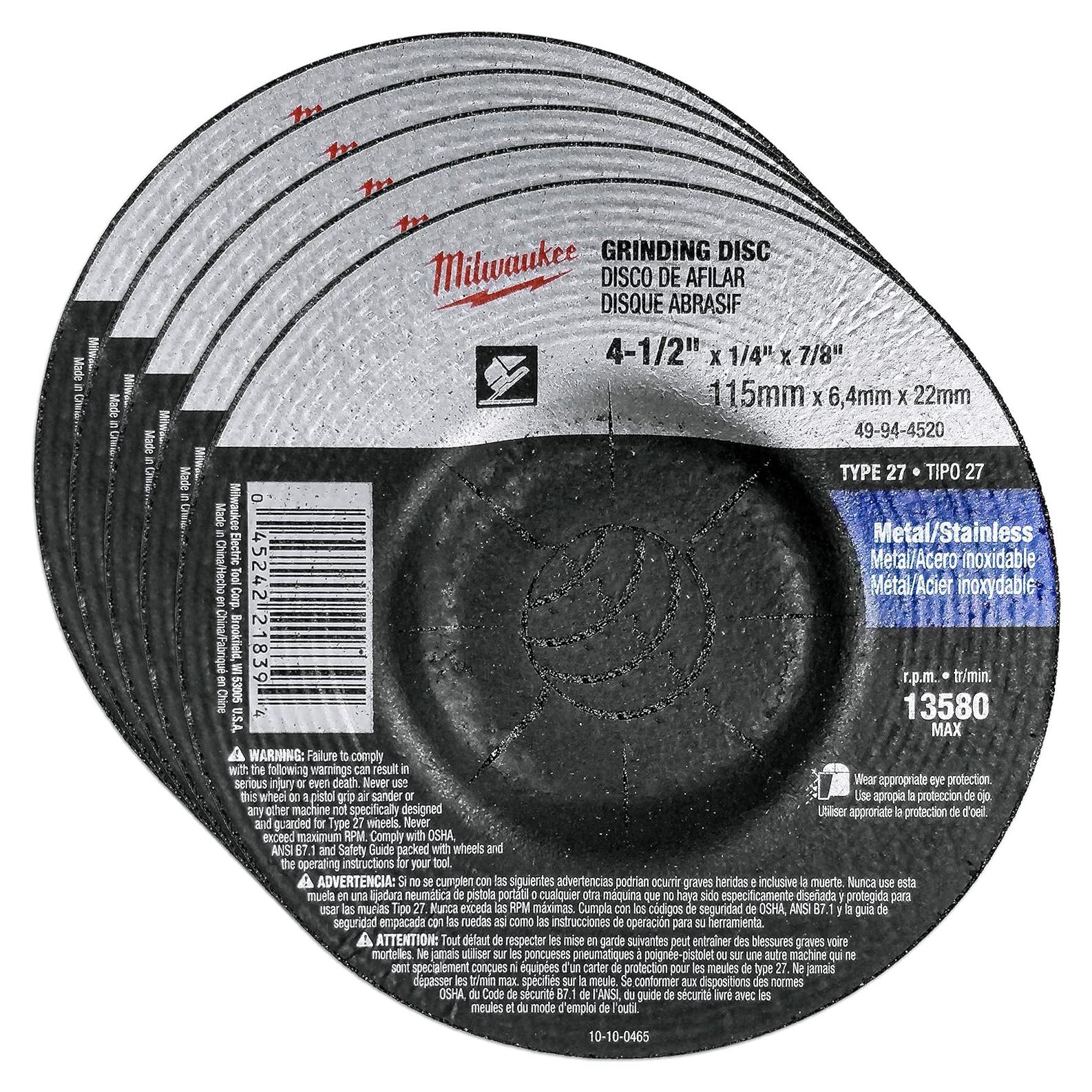 Paquete de 5 Ruedas de Esmeril Milwaukee 4.5" Grano 24