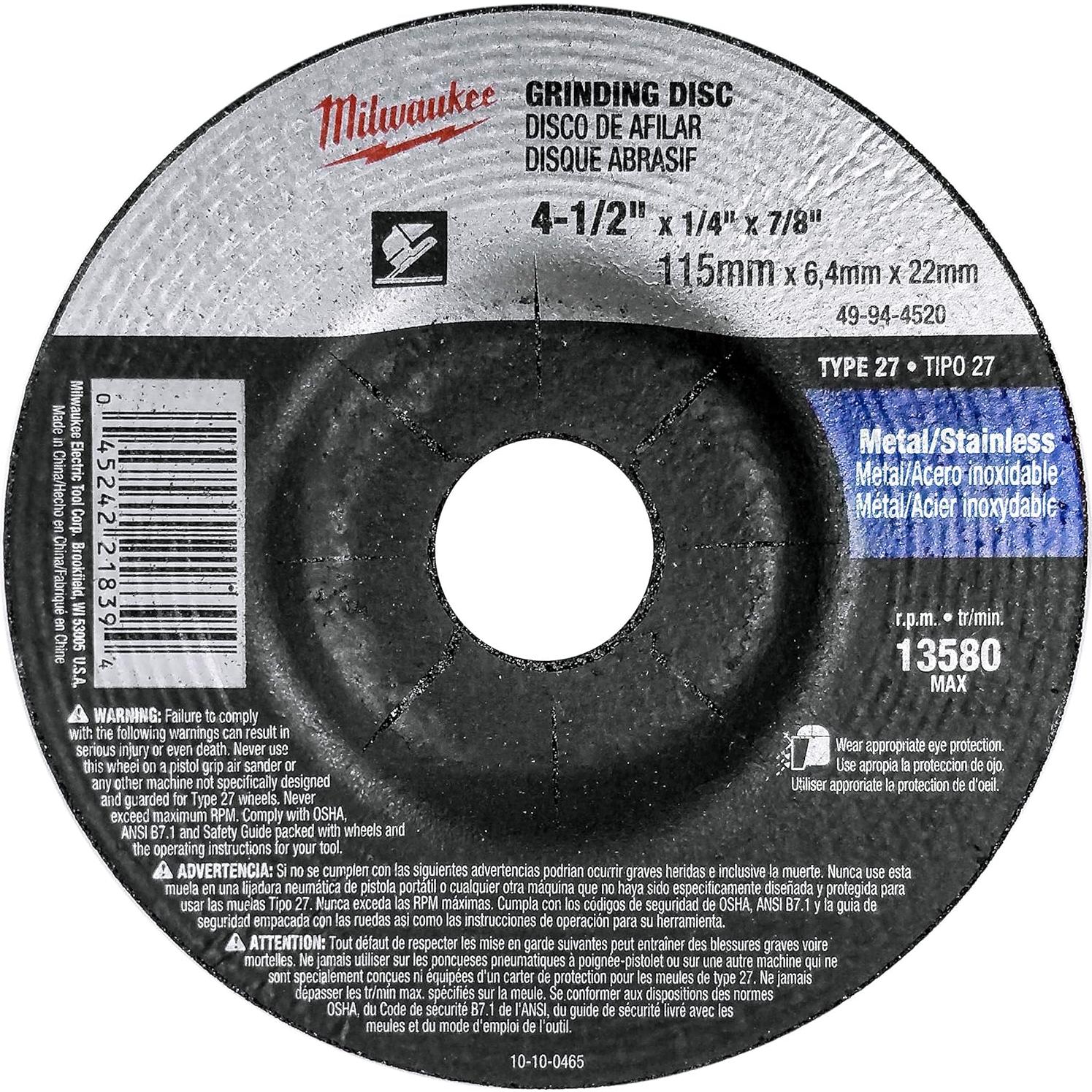 Paquete de 5 Ruedas de Esmeril Milwaukee 4.5" Grano 24