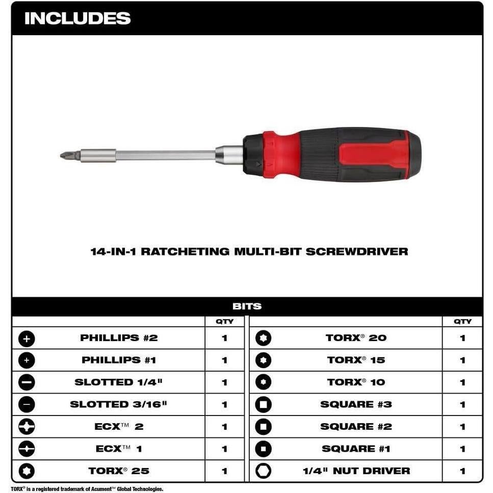 Destornillador Multi-Bit 14 en 1 YOMEETO 48-22-2903 con Carraca