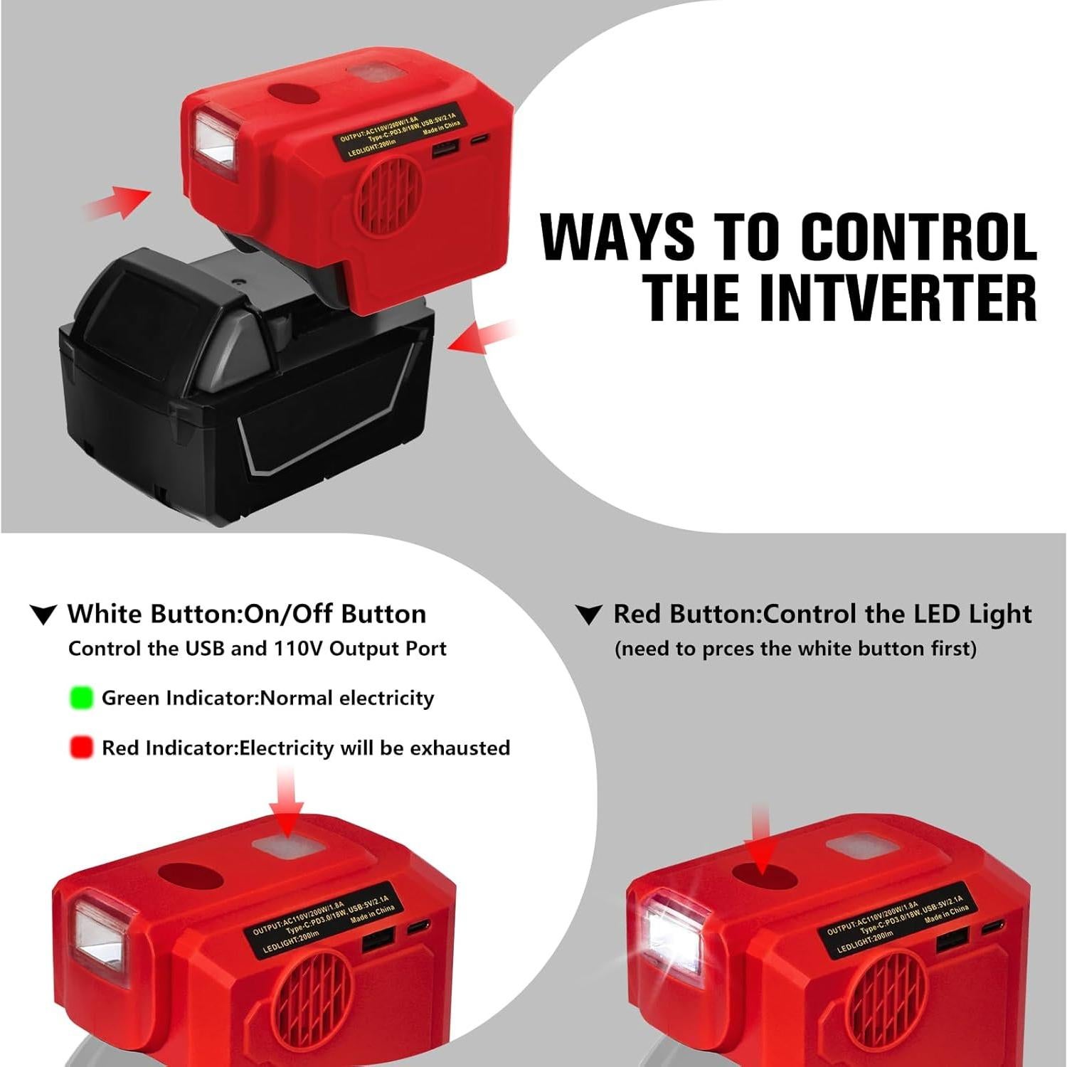 Inversor de Potencia 200W Milwaukee M18B con USB y LED
