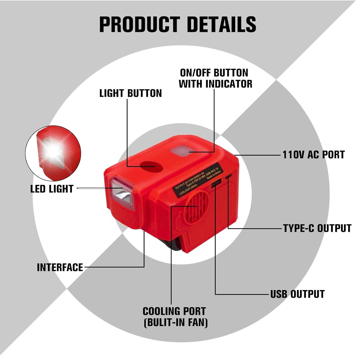 Inversor de Potencia 200W Milwaukee M18B con USB y LED