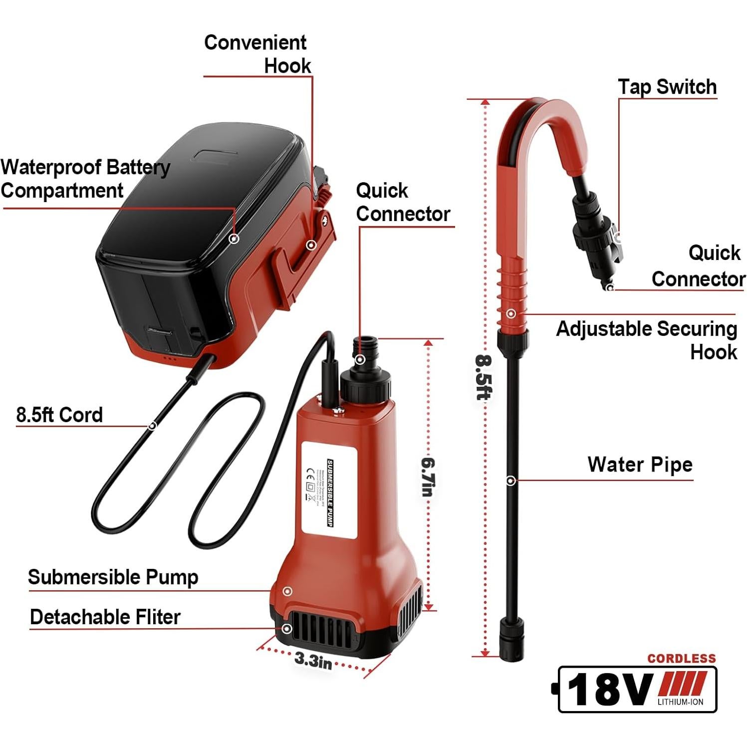 Bomba de Agua Sumergible Inalámbrica Danero 80W 475GPH