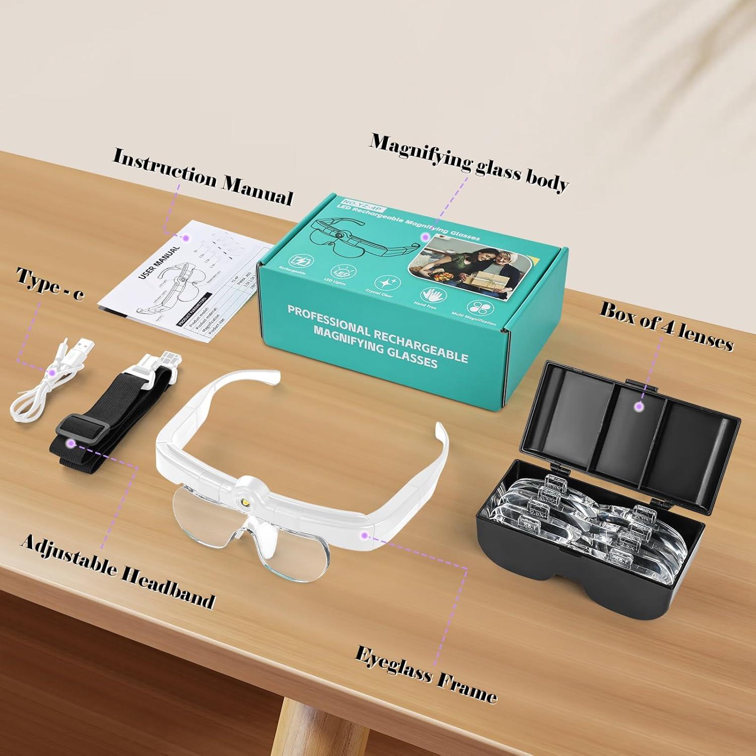 Gafas de Aumento HQGZQL con Luz LED Recargable 5X 3.5X 2.5X 1.5X