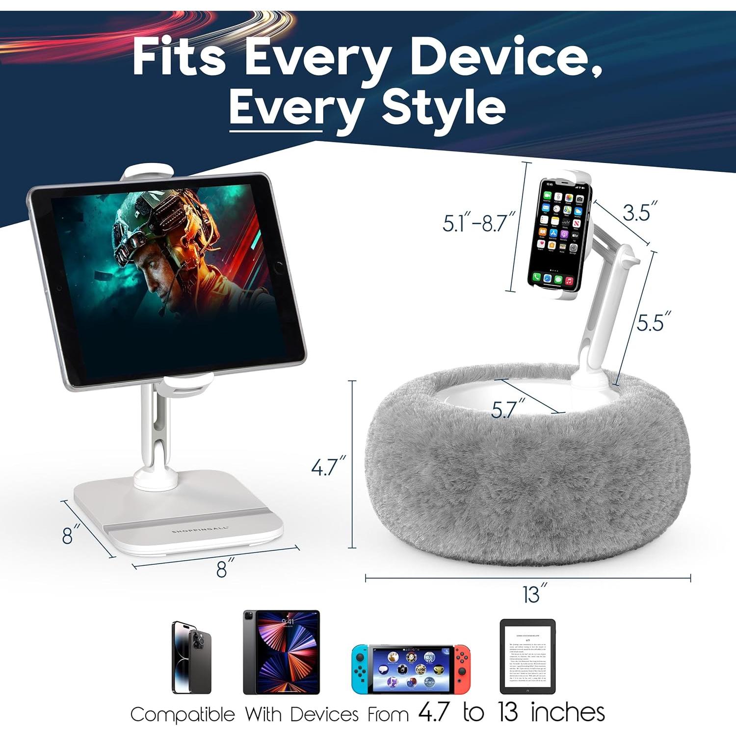 Soporte de Almohada 2-en-1 ShoppingAll para Tabletas 4.7-13" Gris