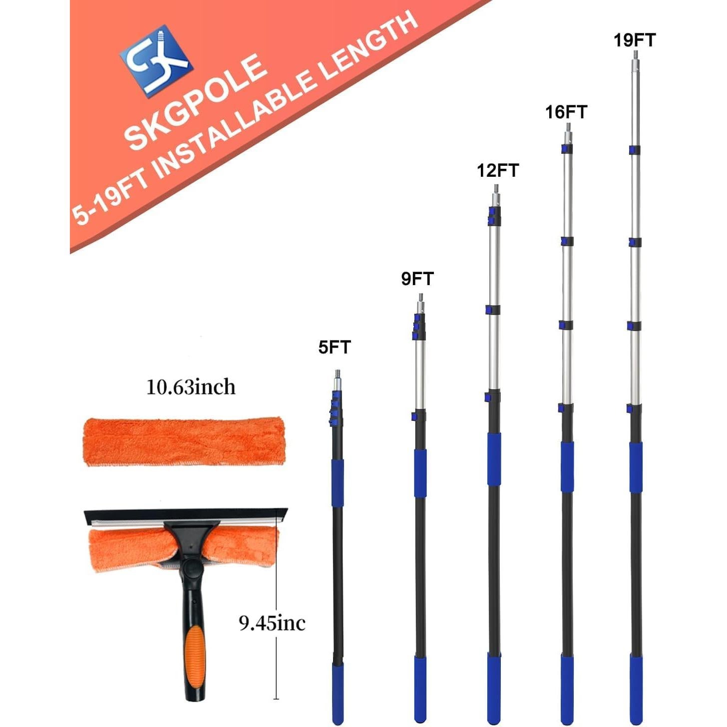 Raspador de Ventanas Telescópico SKGPOLE 5-19 Pies 2 en 1