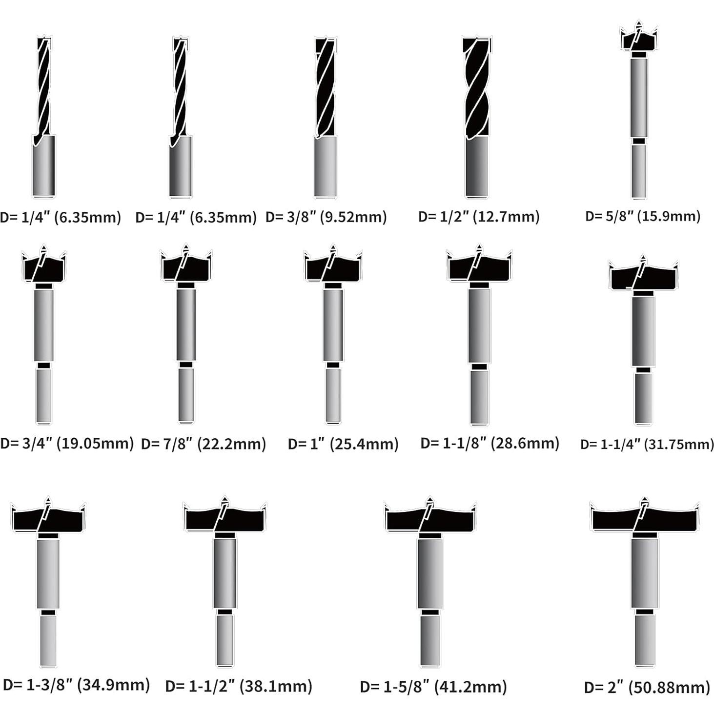 Juego de 14 Brocas Forstner Kowood C2 Carburo para Madera