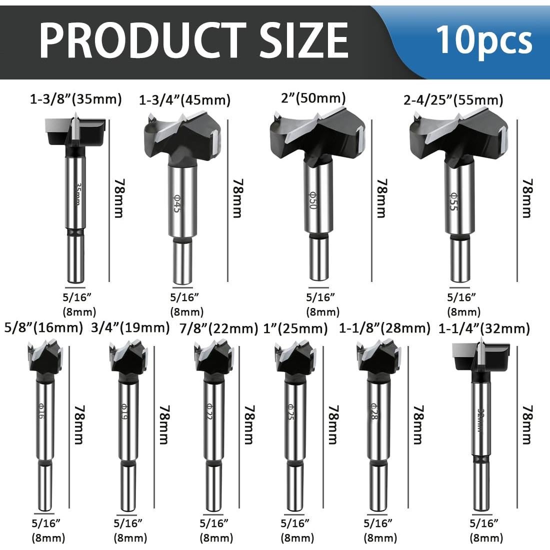Juego de 10 Brocas Forstner BeQell para Madera Dura 16-55mm