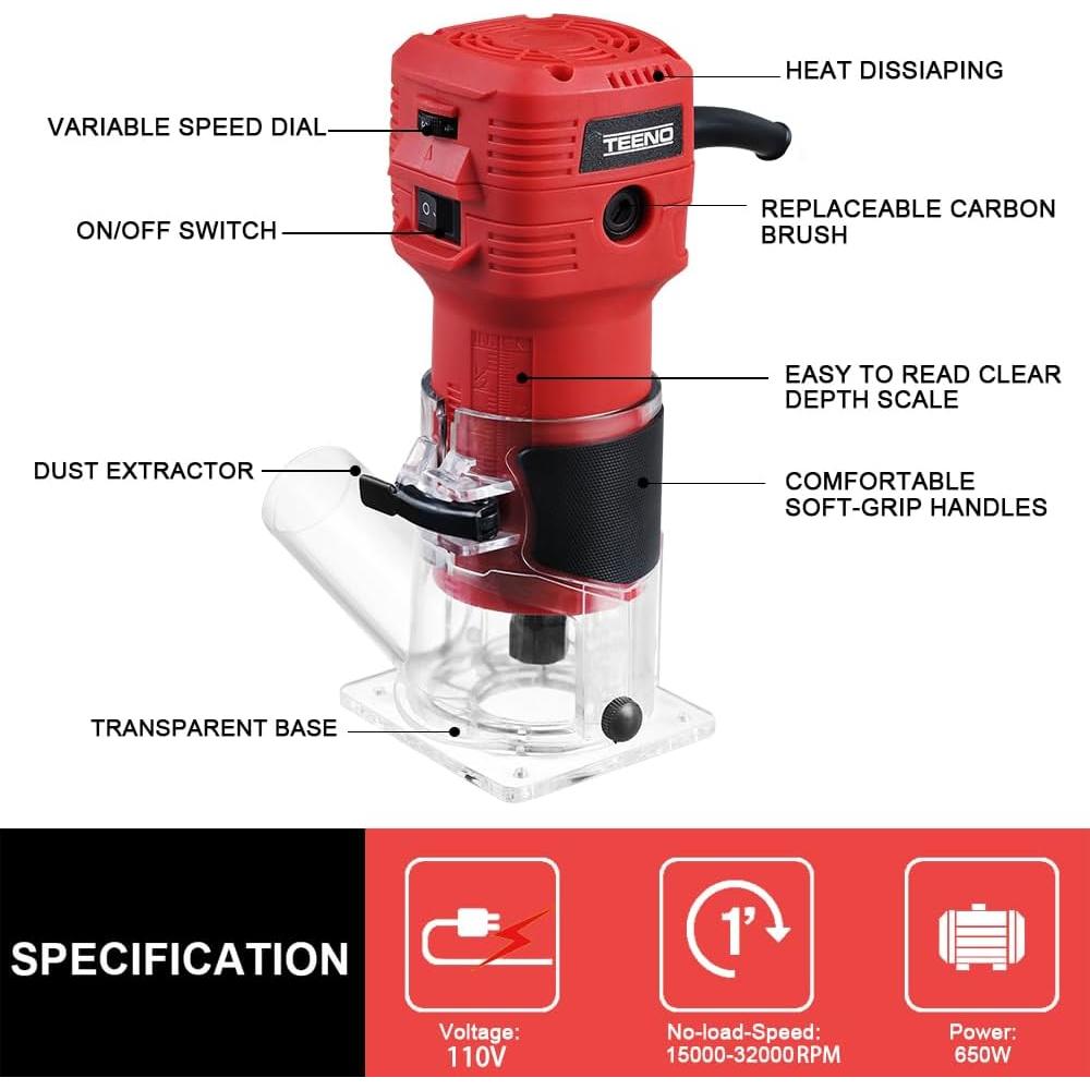 Fresadora de Madera TEENO 650W 6 Velocidades con Accesorios