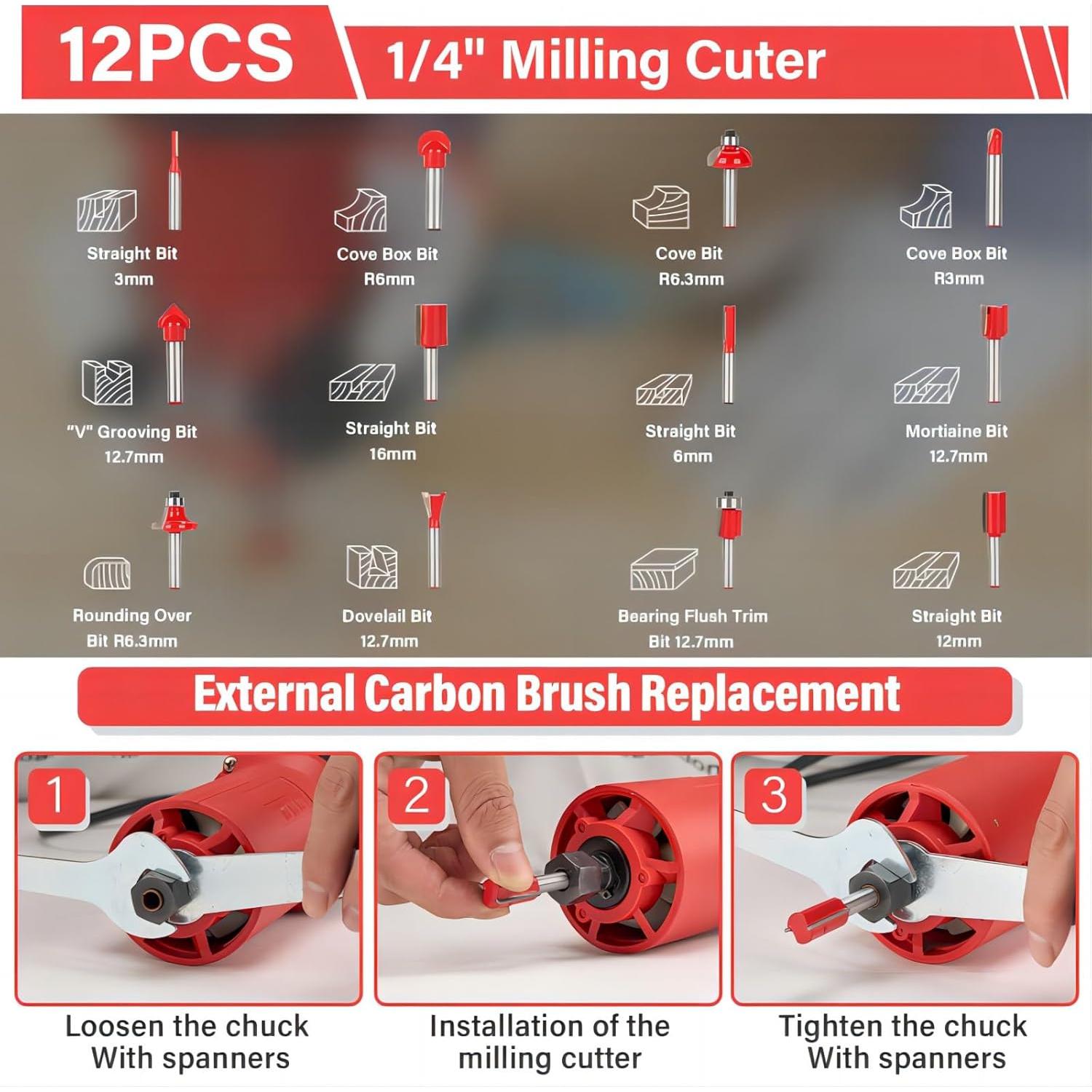 Fresadora de Madera TEENO 650W 6 Velocidades con Accesorios