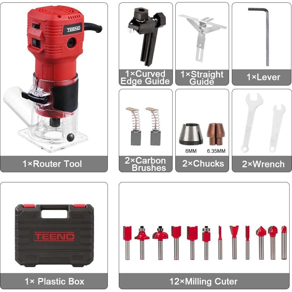 Fresadora de Madera TEENO 650W 6 Velocidades con Accesorios